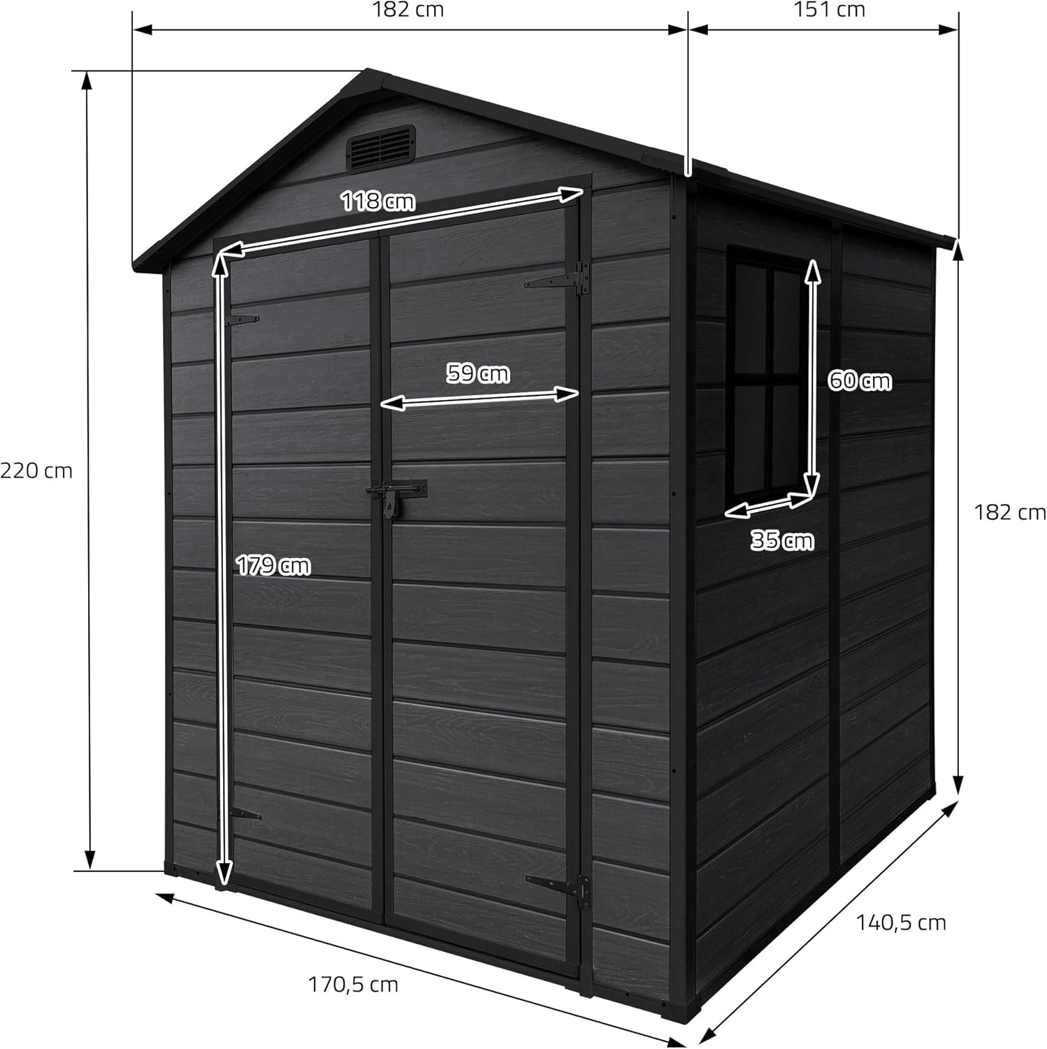 jardinite - Abri de jardin résine 151x182x220 cm double porte, 5m³, fenêtre, ventilation