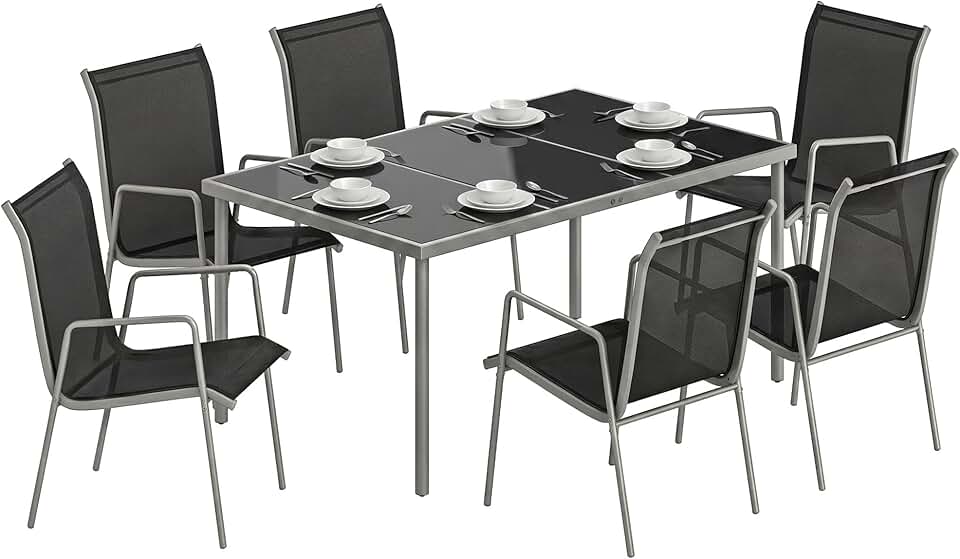 jardinite - salon jardin 6 personnes - table verre, chaises empilables, textilène, argent