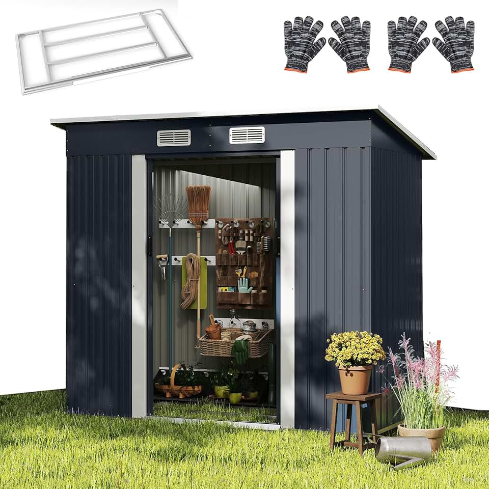 jardinite Abri de Jardin en Métal 4m³ avec Toit Incliné, Porte Coulissante Verrouillable et Aérations, Cabane à Outils Extérieur pour Jardin, Cour, Pelouse, Patio, 213 x 112 x 186 CM
