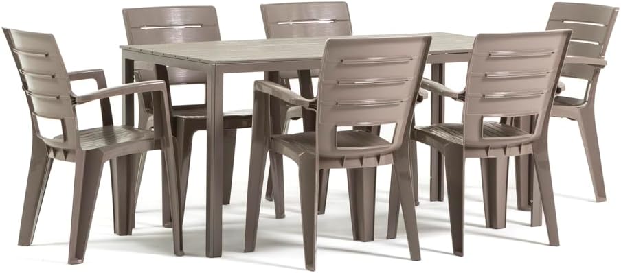 Thomas & Anita - Ensemble repas jardin 6 pers, table acier 180x90cm, chaises empilables, effet bois taupe