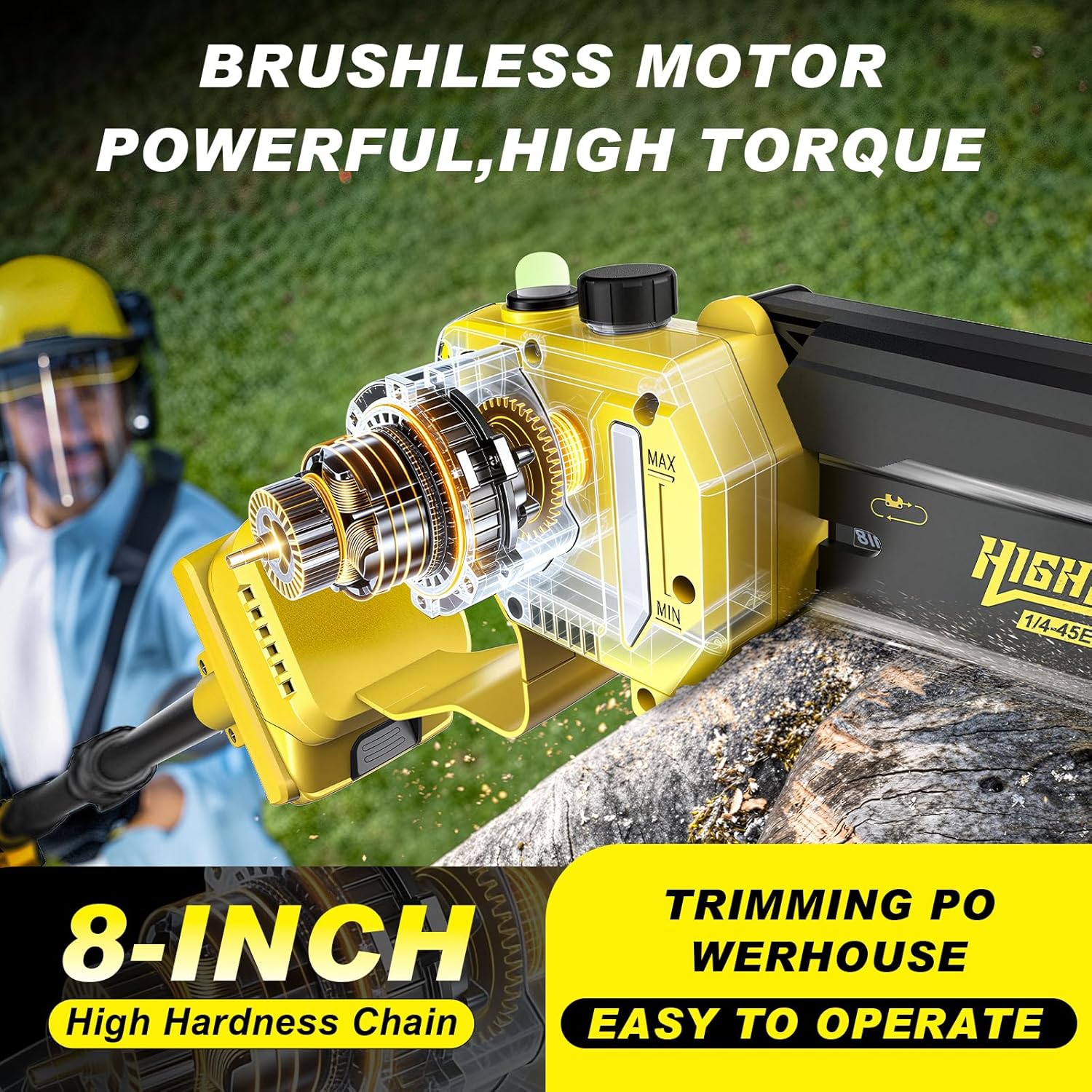 Mini scie à chaîne sans fil - 8 pouces, 4-en-1, batterie 4,0Ah, tige télescopique 4,2m