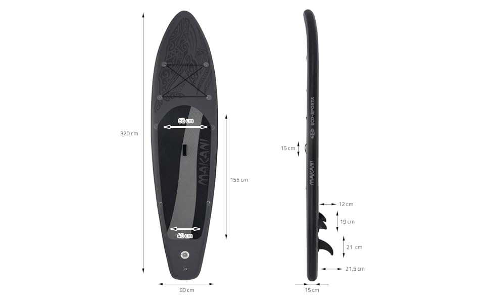 Planche à pagaie noire avec nez pointu et queue arrondie. Vues de dessus et de côté affichées. Comprend une poignée centrale et un coussin de terrasse texturé. Aileron visible sur la face inférieure.