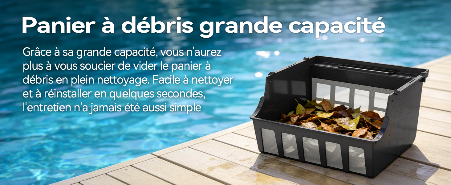 Le texte indique « Panier à débris grande capacité ». Corbeille à débris en maille noire de grande capacité exposée à côté de la piscine extérieure avec les feuilles et les débris collectés, offrant une solution de rangement pratique au bord de la piscine.