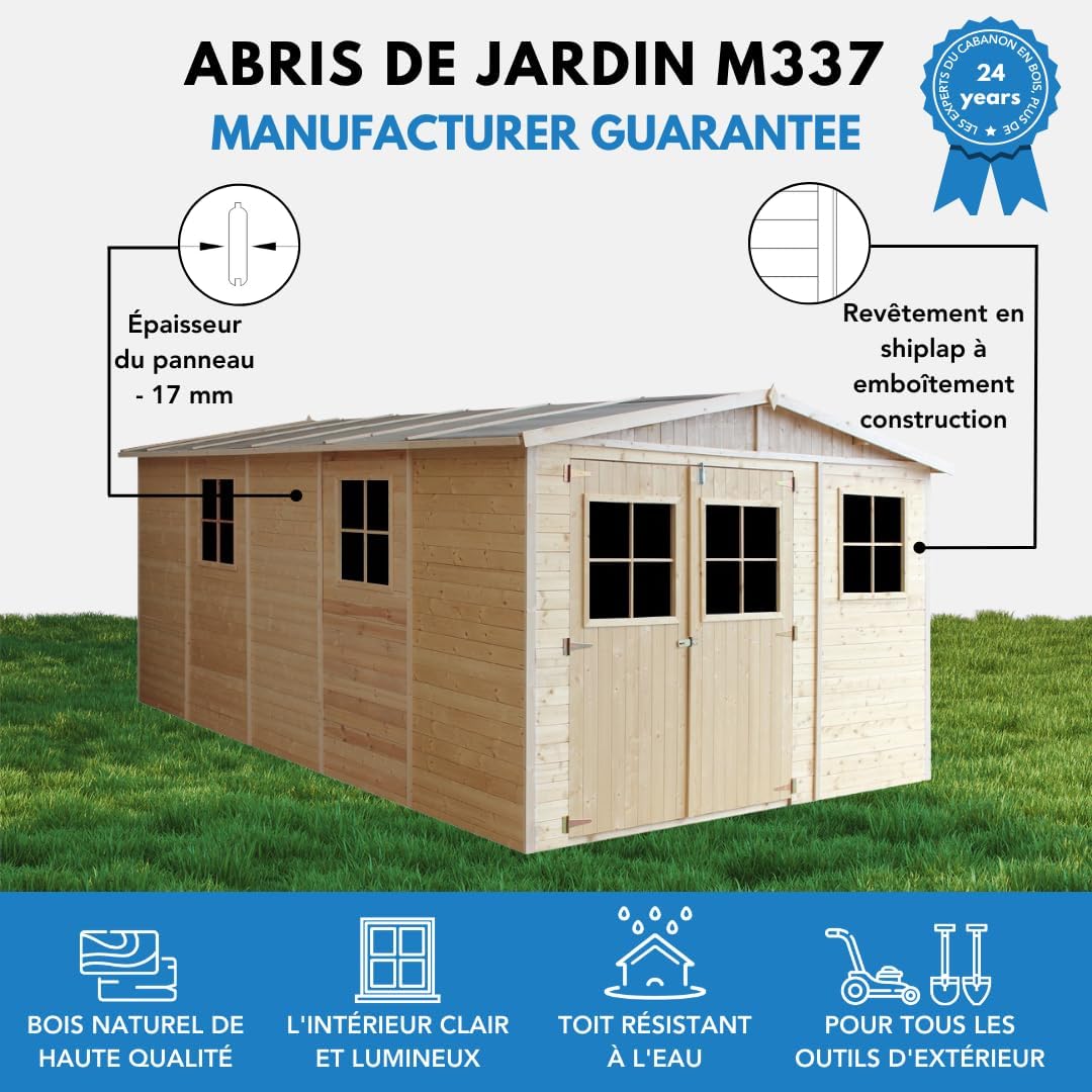 ABRI de Jardin en Bois Exterieur avec Les PLANCHERS IMPRÉGNÉ - Chalet en Pin/épicéa- H226x324x516 cm/15 m²- Construction de Panneaux- Rangement pour vélos, Remise à Outils- jardinite M337+M337G