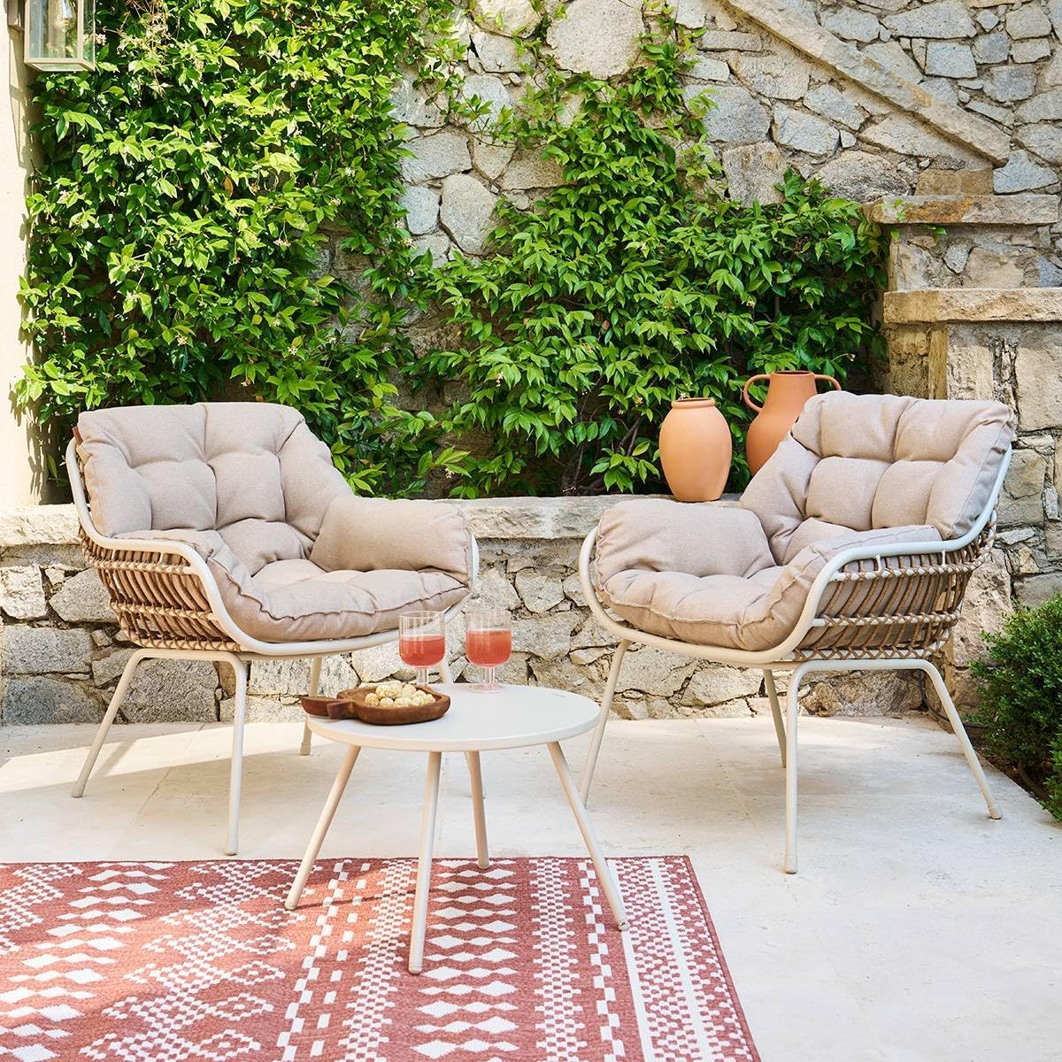 jardinite - Paopao Duo - Compact, résine tressée, coussins - Argile, acier anti-corrosion