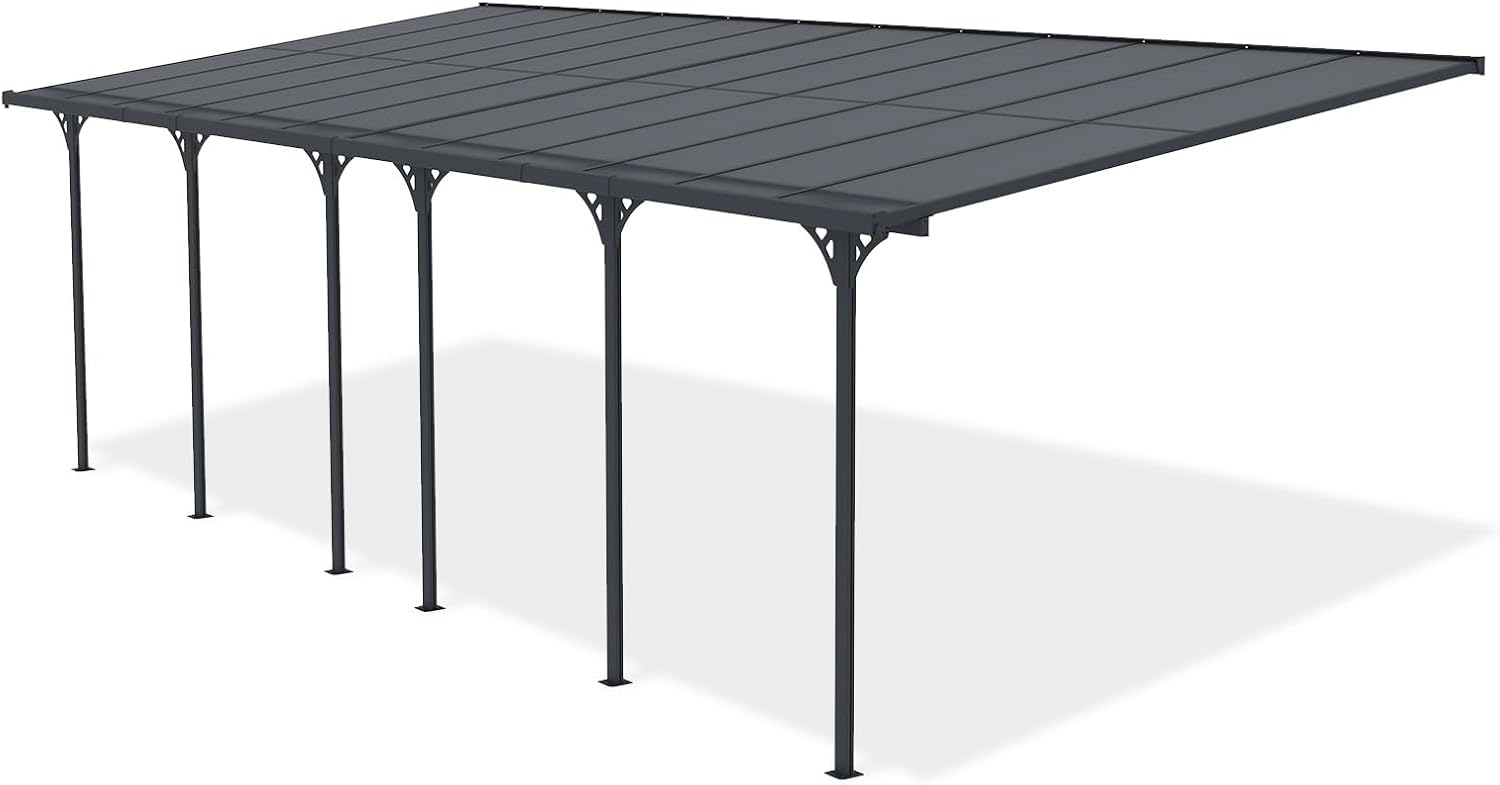 KLEO - Pergola adossée aluminium - 7,48x3 m - Polycarbonate, gouttière, gris RAL 7016 - résistance vent 40 km/h, UV30+