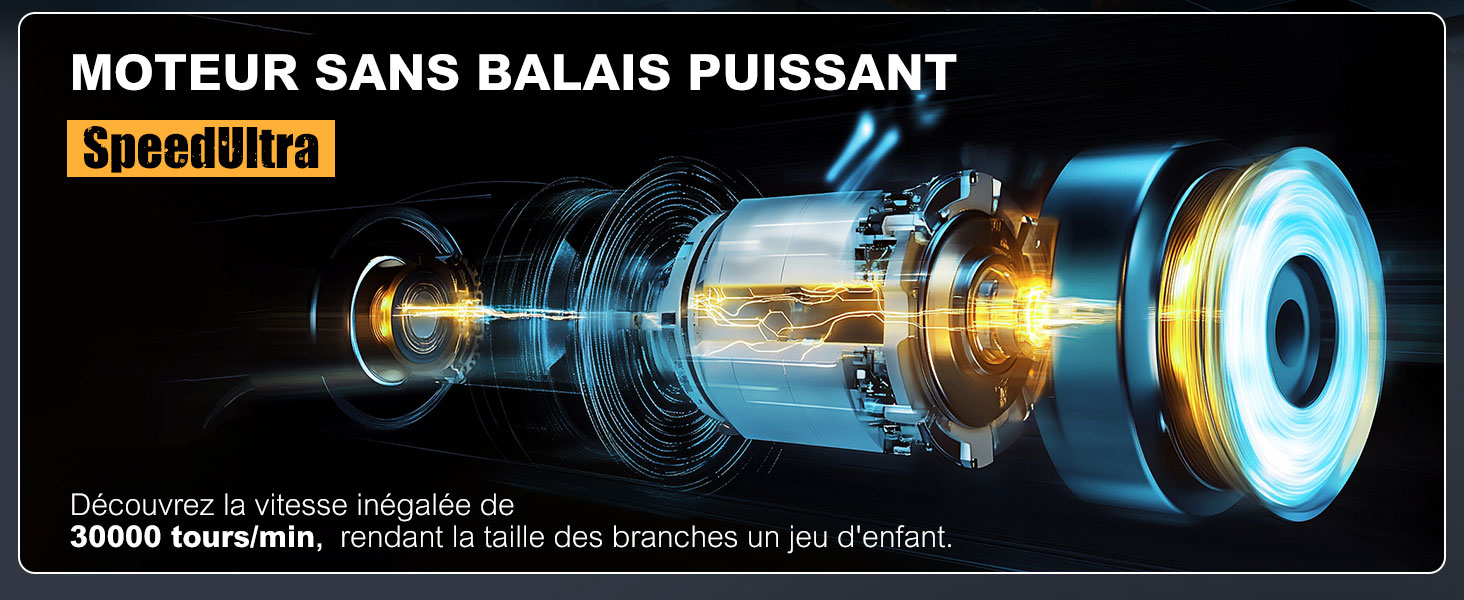 Schéma d'un puissant moteur sans balais, montrant les composants internes avec un effet de lueur bleue. Le texte en français indique qu'il s'agit d'un puissant moteur sans balais