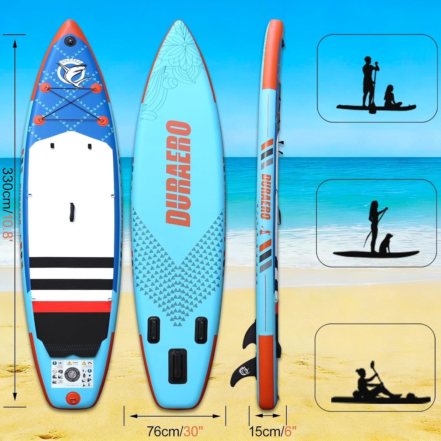 Stand up Paddle gonflable - 330x76x15 cm - siège kayak, support GoPro, double pagaie, 150 kg, bleu