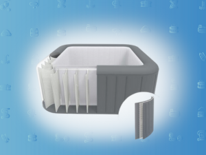 Récipient en plastique gris avec système de filtre intégré, illustré sur fond bleu clair avec des effets de gouttelettes d'eau