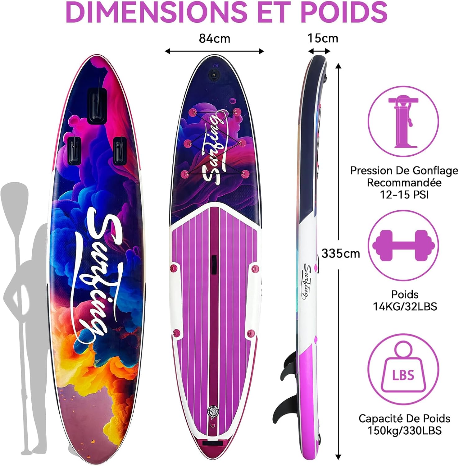 jardinite - Paddle gonflable 320/335 cm - 2 places, siège kayak, pagaie, pompe, 150 kg