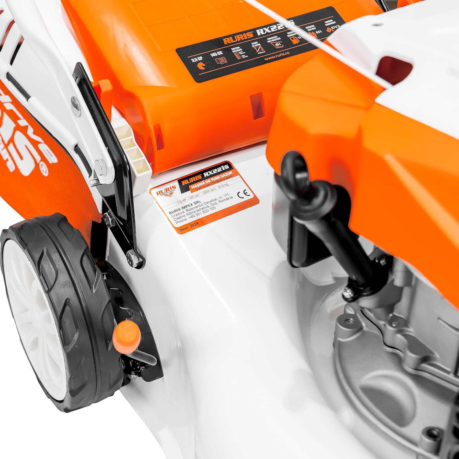 RURIS Tondeuse à Gazon Thermique RX221S, 3,5 CV, 42 cm, Sac 45L, 3 en 1: Collecte, Éjection Arrière, Mulching, Châssis Acier, Hauteur de Coupe 25-75 mm, Orange