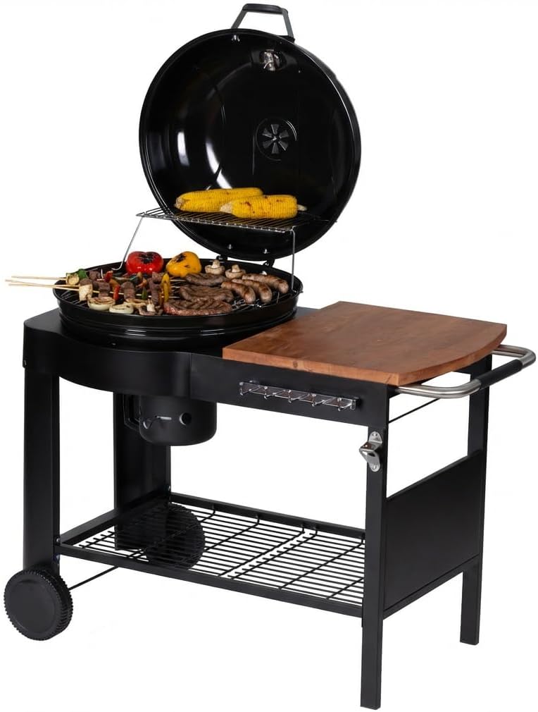jardinite - Barbecue Calgary - acier/bois - couvercle thermomètre, tablettes, 2 roues, noir
