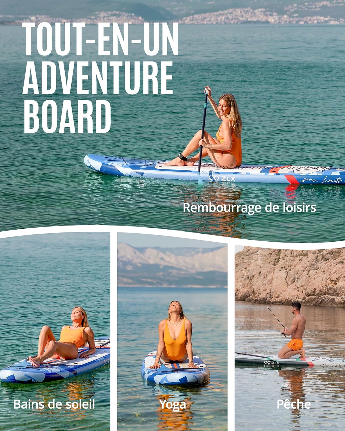 ZLX - Paddle gonflable série Extra Large - 350 x 89 cm - planche antidérapante stable, accessoires premium, siège gonfla