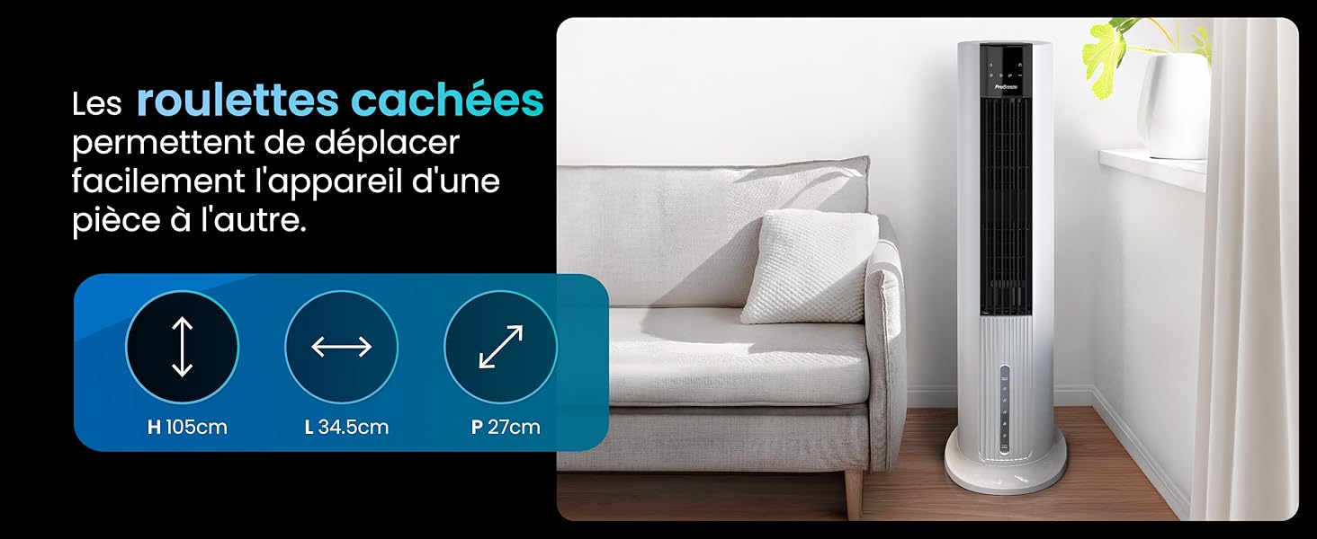 Grand ventilateur colonne blanc à côté d'un canapé gris. Le produit est doté de roues cachées pour faciliter les déplacements entre les pièces, comme indiqué par le texte et les icônes.