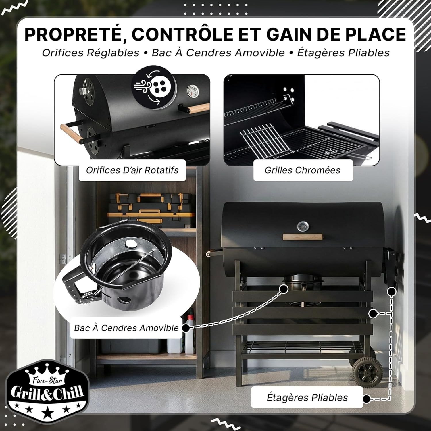 Five-Star – Grill & Chill série – 71×35 cm – barbecue charbon couvercle, thermomètre, cendrier, roues – GC0002