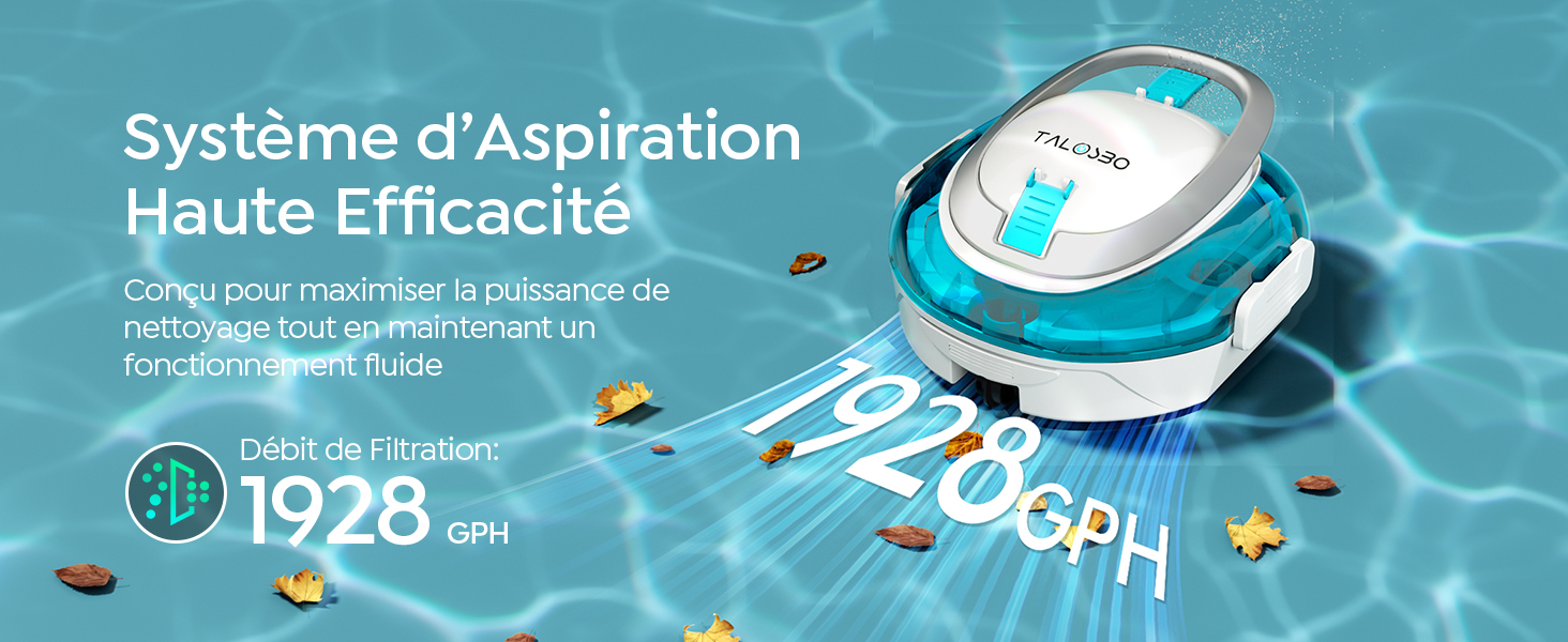 Le texte indique « Système d'Aspiration Haute Efficacité » et « 1928 G/H ». Image marketing montrant un aspirateur robot sur fond bleu avec des éléments d'effets numériques.