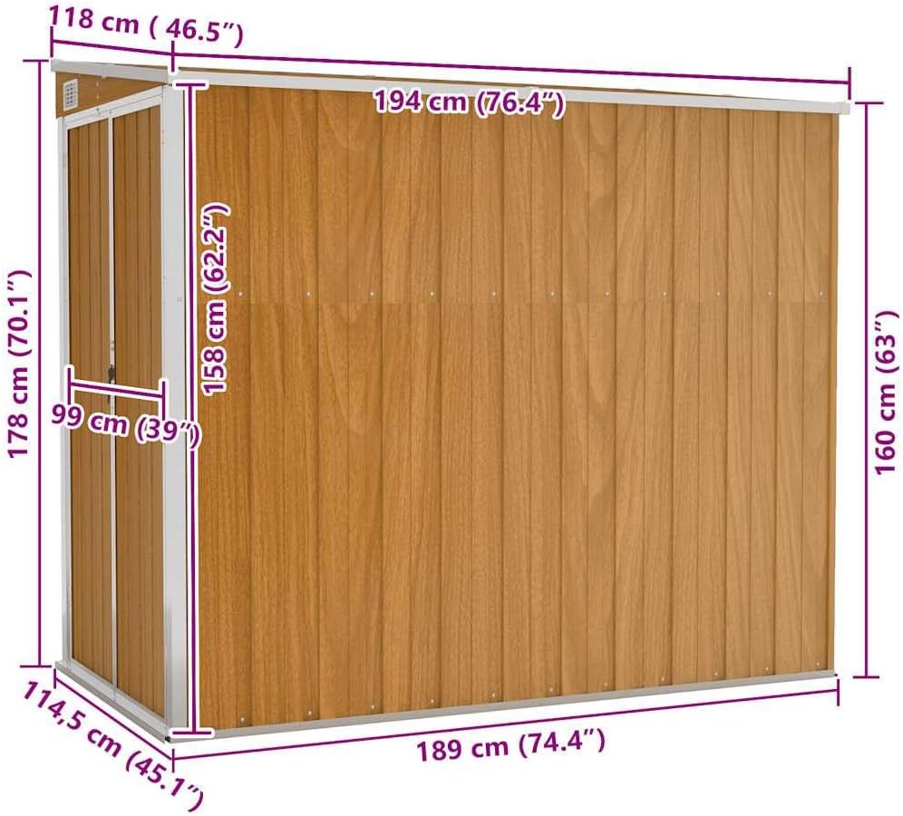jardinite Abri de Jardin Mural Marron 118x194x178 cm Acier galvanisé,Structures extérieures, Cabanes & abris de Jardin,316224