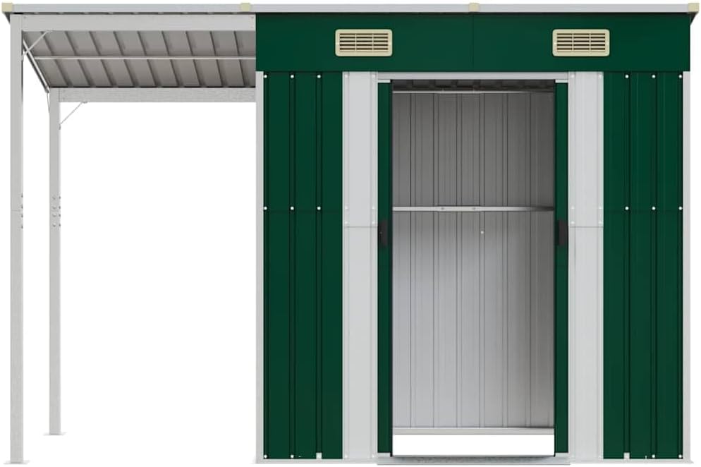 jardinite Abri de Jardin avec Toit prolongé Vert 277x107x181 cm Acier, Maison & Jardin, Pelouses & Jardins, Vie en extérieur, Structures extérieures, Cabanes & abris de Jardin, Vert, (Poids 41.56KG)