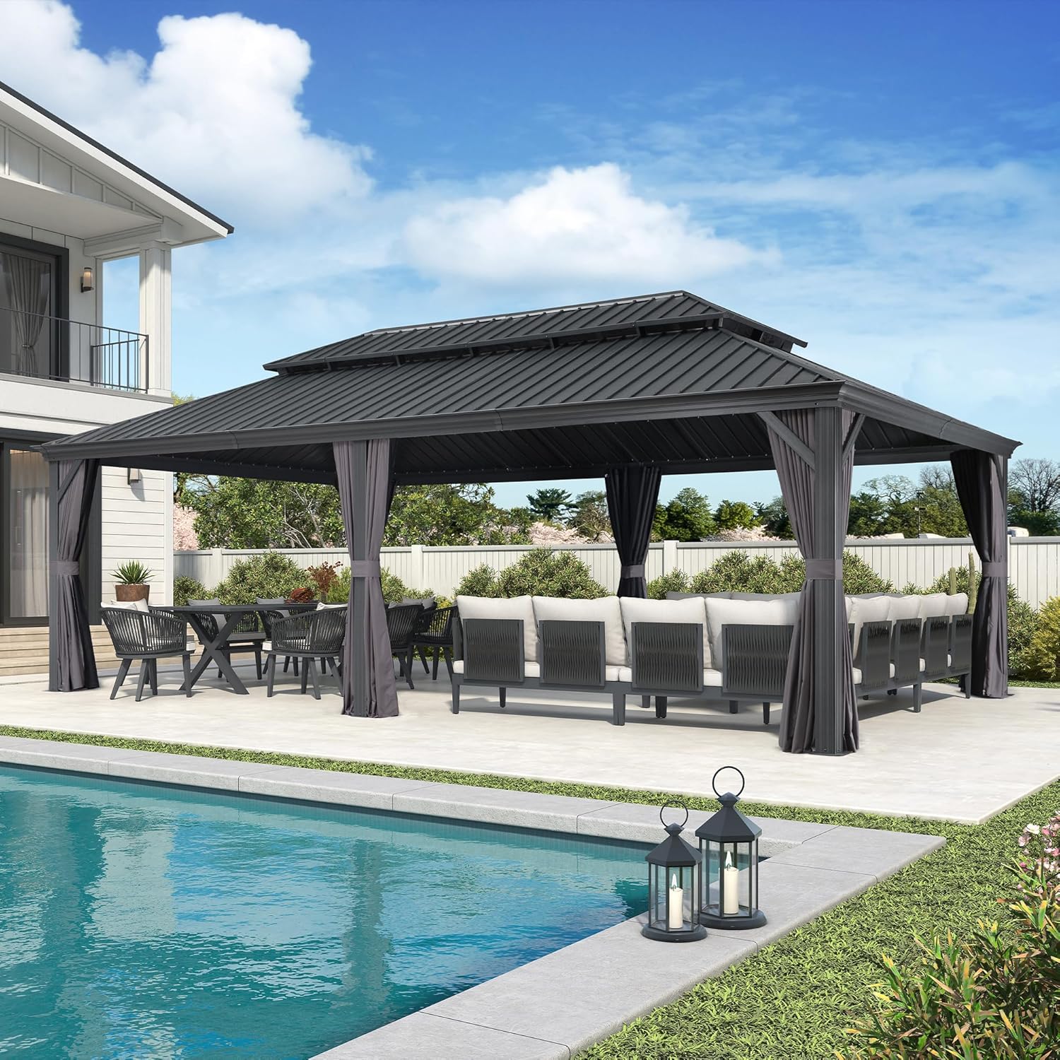 jardinite - Tonnelle Jardin 7,32x4,25m - acier, rideaux, moustiquaire
