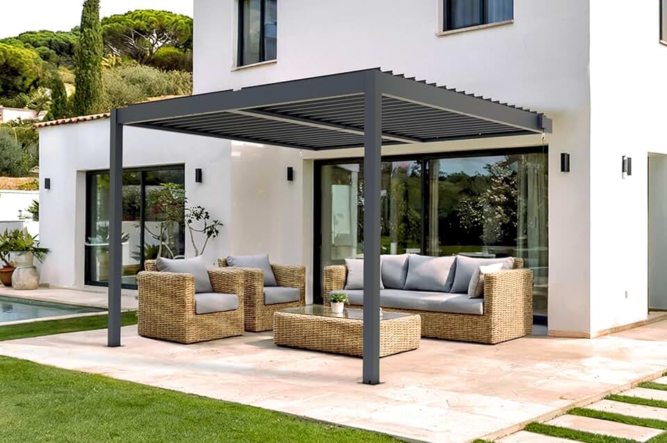 jardinite - Piana série - 3x3m adossée bioclimatique alu gris - persienne brise-vue