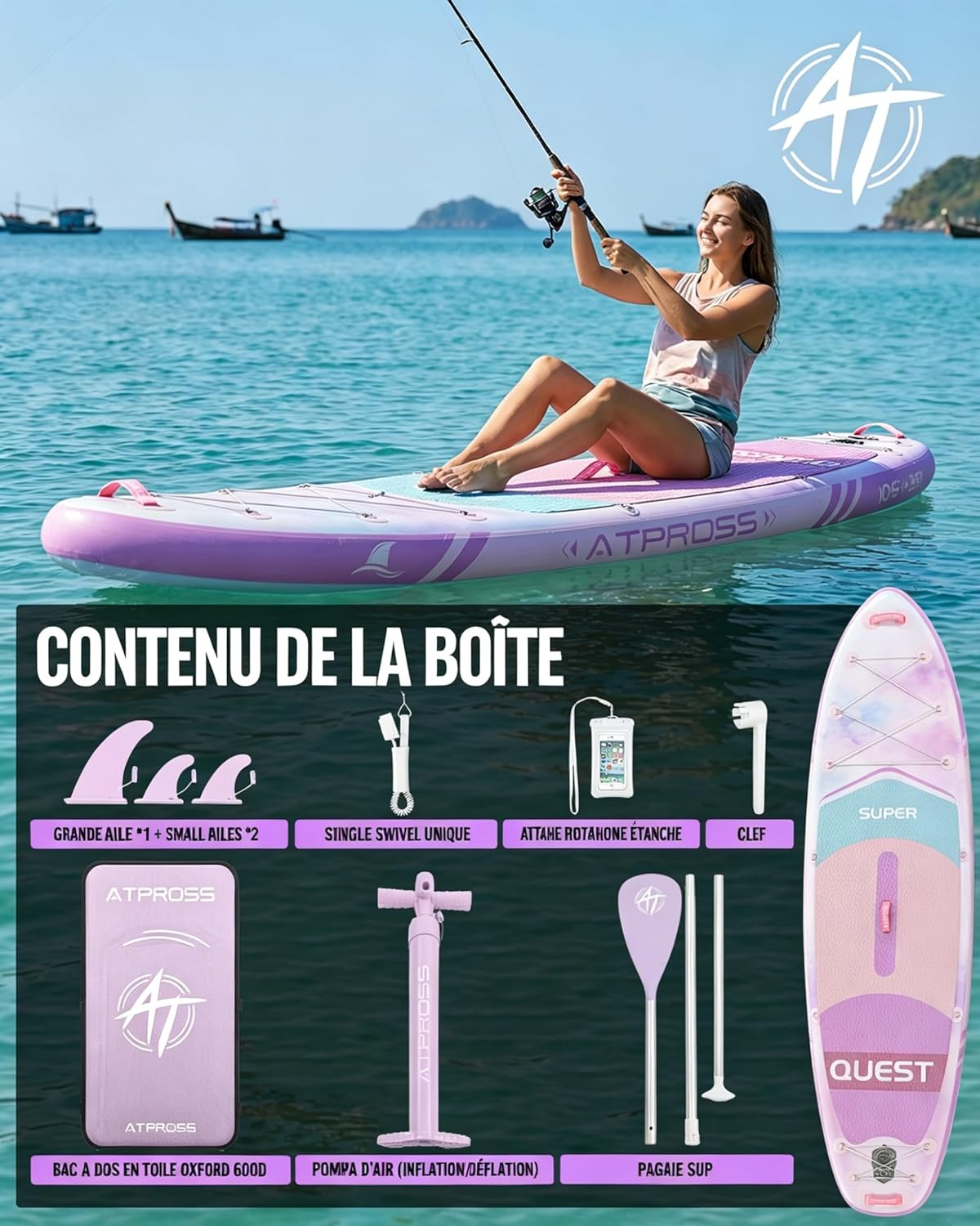 Stand up paddle gonflable adulte, 320x84cm, 2 places, charge 200kg