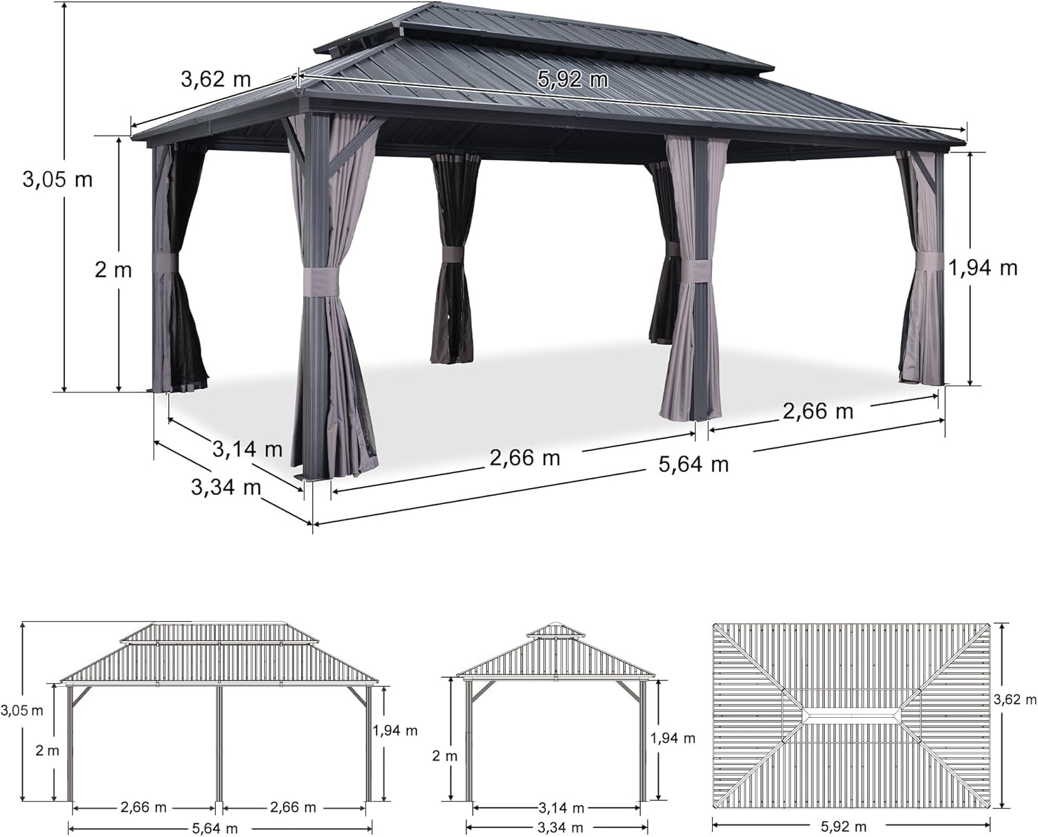 jardinite - Tonnelle double toit rigide, 6 x 3,65 m, moustiquaire, aluminium, gris