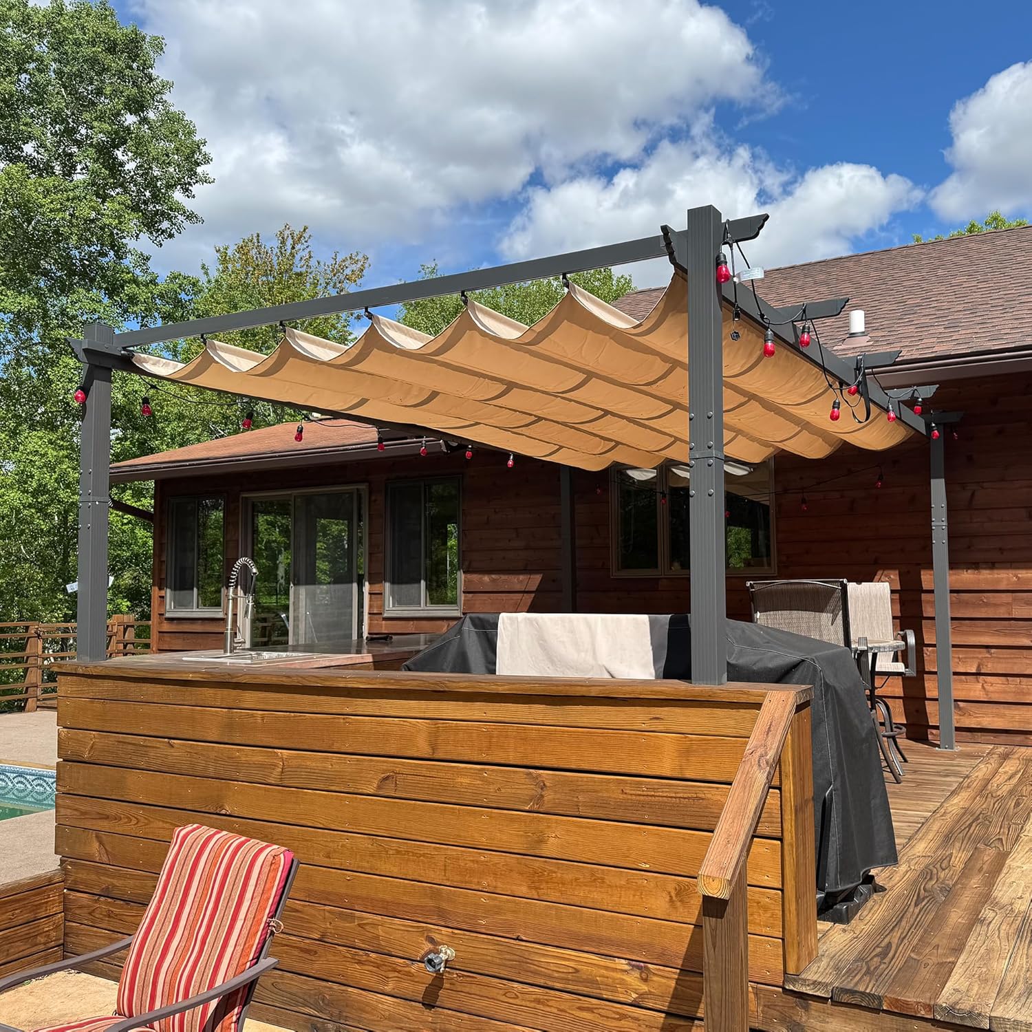 jardinite - Pergola aluminium série - 4,8x3,5m - toit coulissant, tissu teint fil, kaki