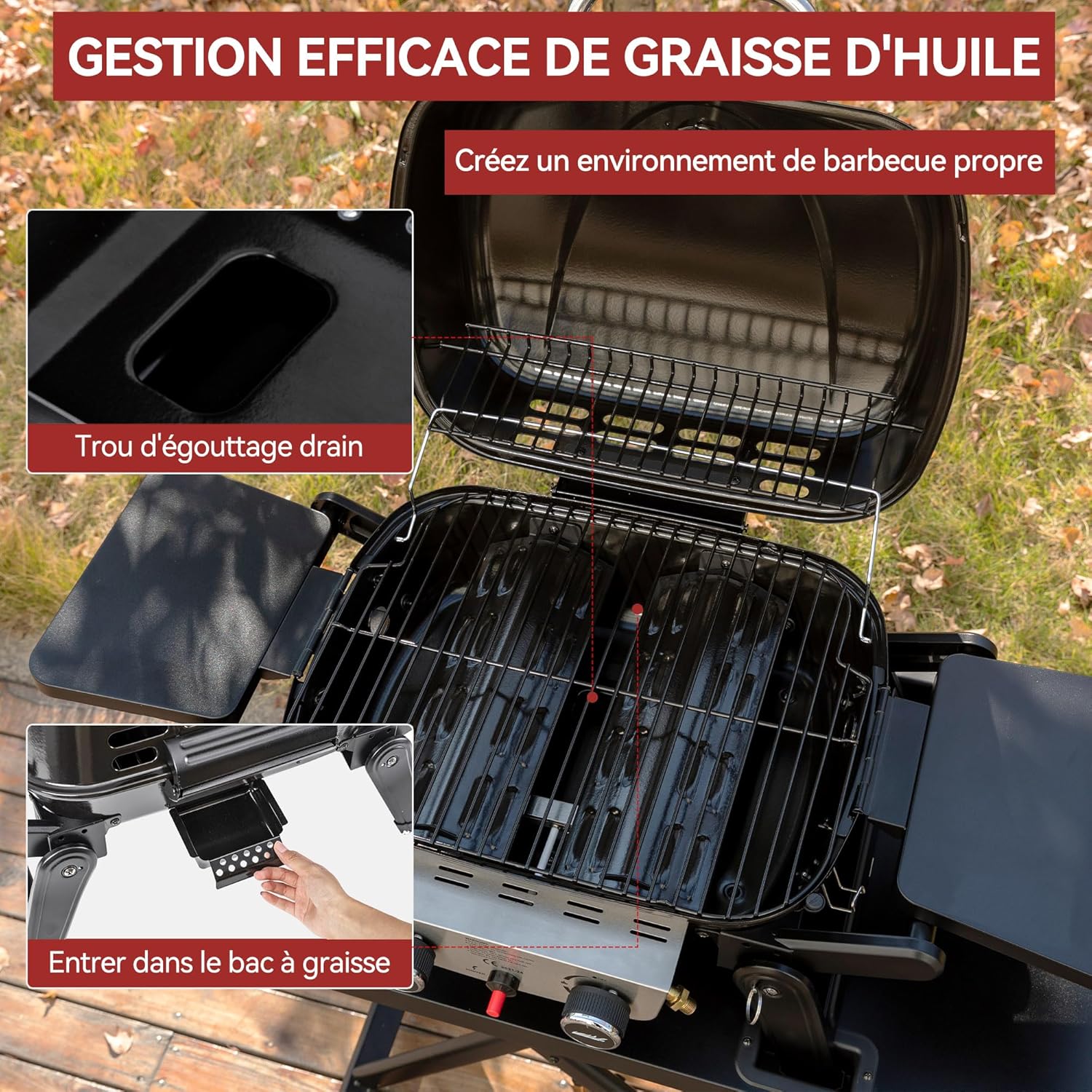 jardinite - barbecue gaz portable - 48x37 cm - 2 brûleurs, tables pliantes, chariot détachable, 5kW