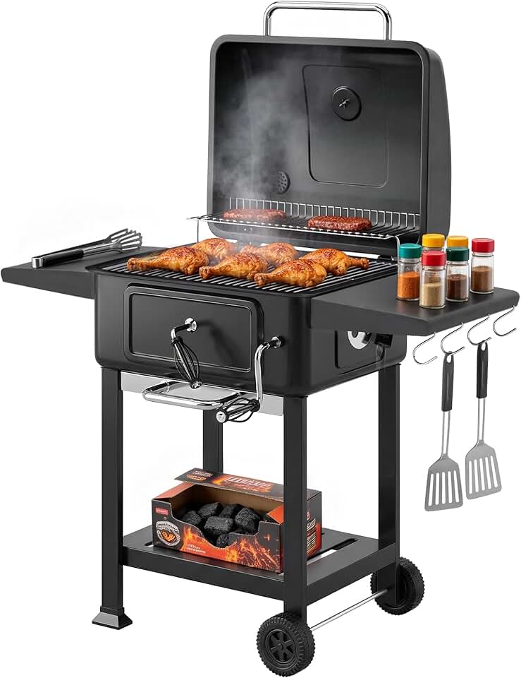 jardinite - barbecue charbon réglable - grand format - chariot, tablettes, cheminée, roues, thermomètre