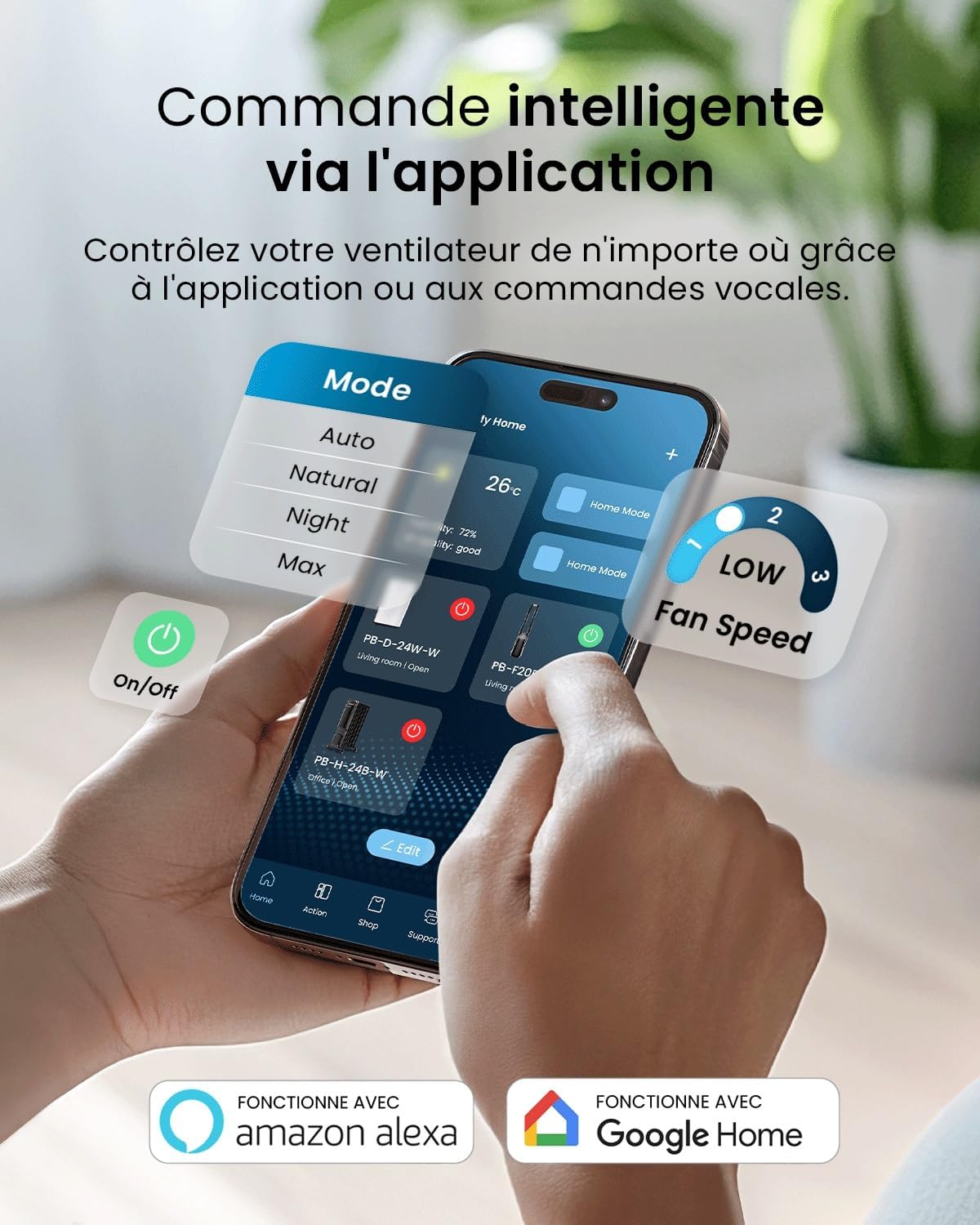 jardinite - Ventilateur Tour WiFi Intelligent 101cm - Silencieux, LED, télécommande, 6 vitesses, oscillation