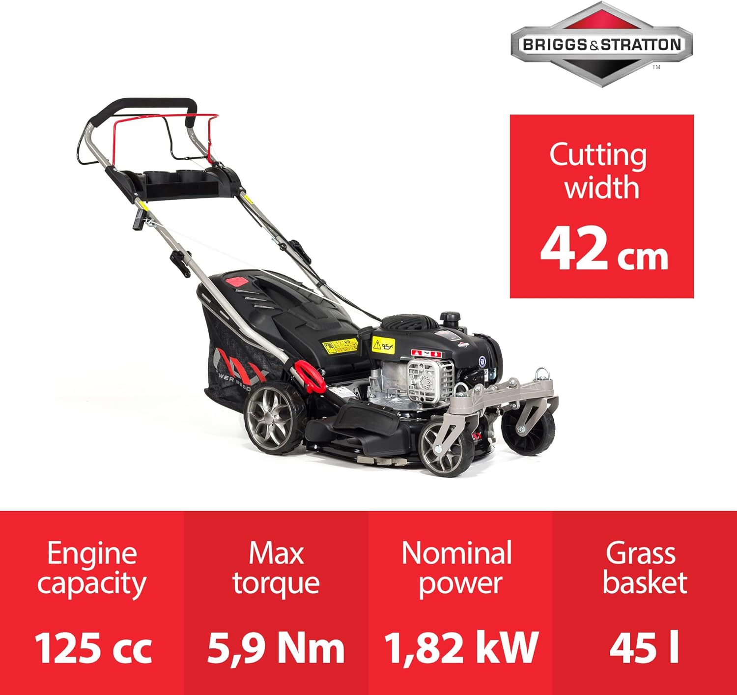 NAX - tondeuse thermique série 450E, 42 cm, 45L, moteur 125 cm³, 1000S