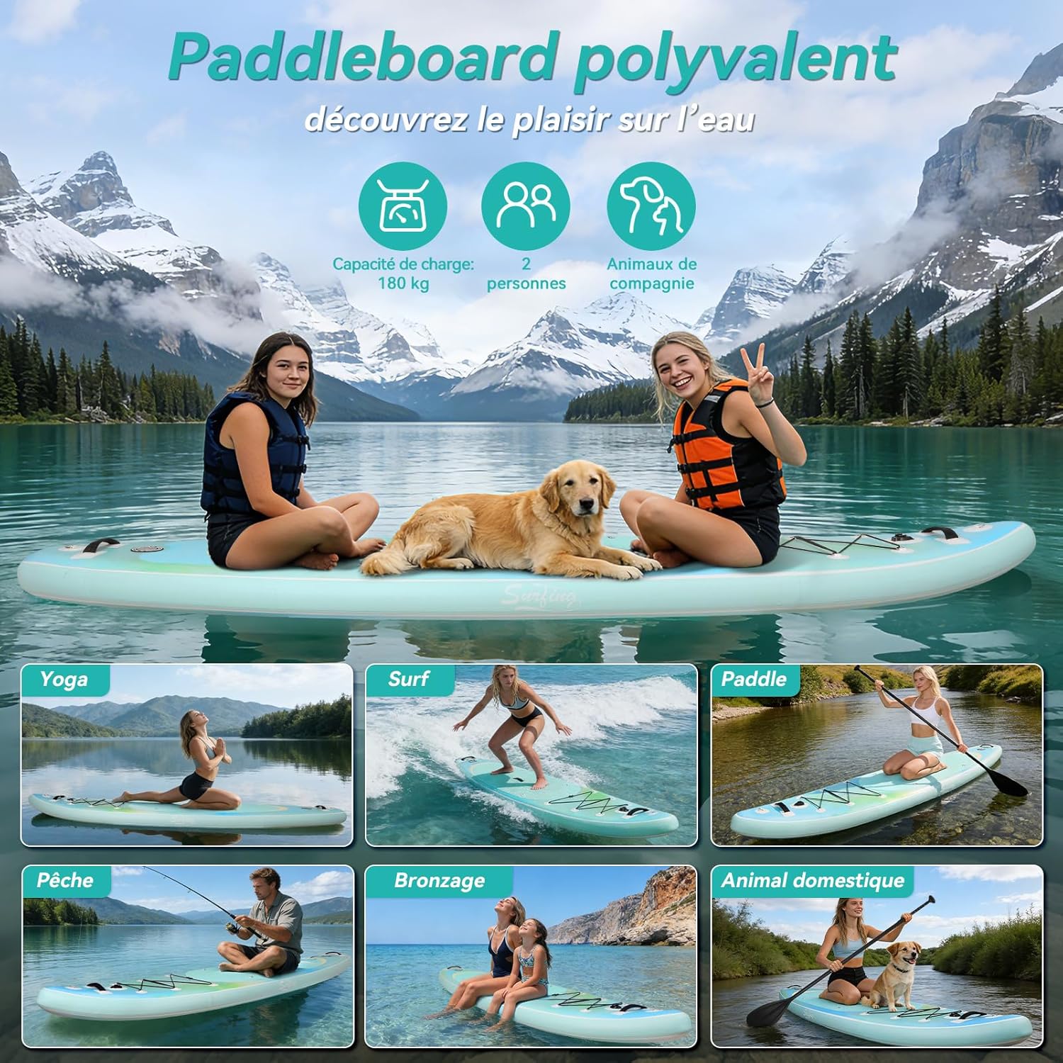 jardinite - paddle gonflable adulte - 320/335cm - 2 places, siège kayak, pagaie alu, support caméra, pompe, 150 kg