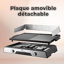 Le texte indique « Plaque amovible détachable ». Schéma à vue éclatée montrant les composants de l'appareil de cuisson empilés : plateau métallique, plaques de cuisson et unité de base avec panneau de commande.