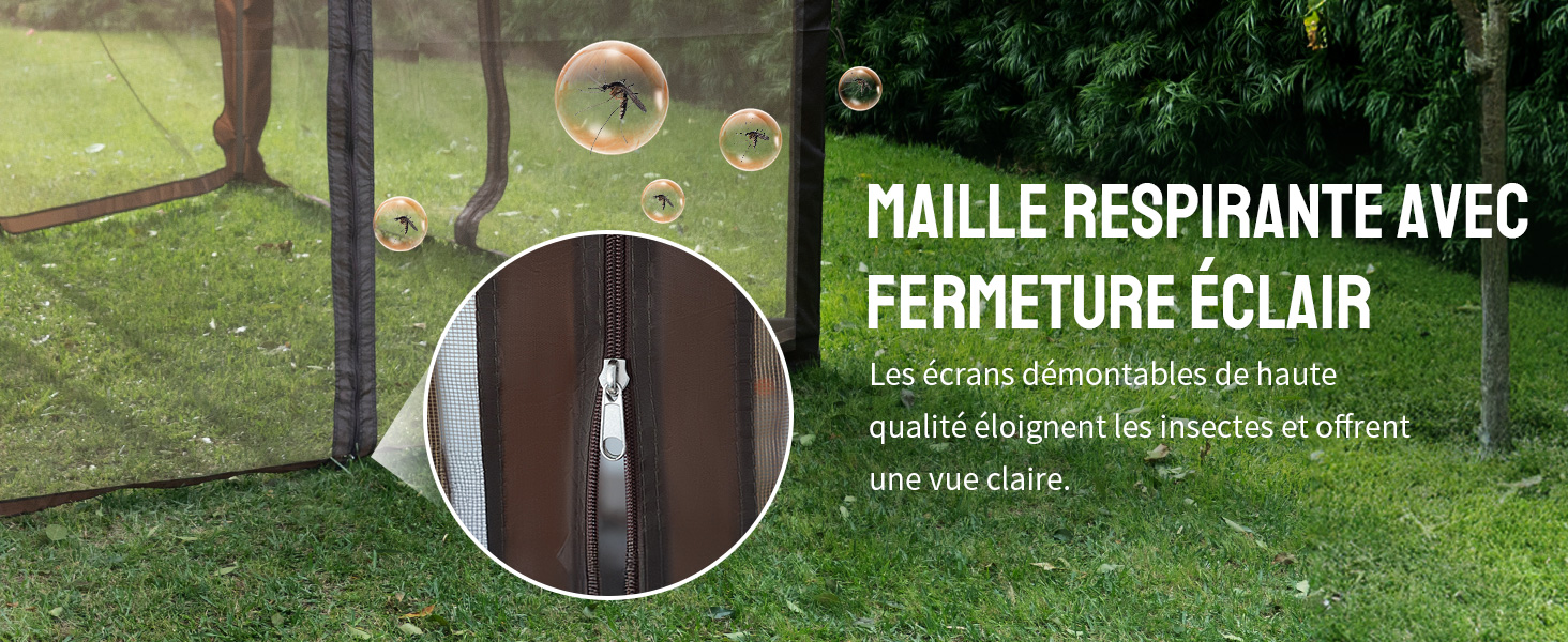Le texte indique « MAILLE RESPIRANTE AVEC » et « FERMETURE ÉCLAIR ». Le produit semble présenter des caractéristiques du tissu ou de la matière avec des photos détaillées en gros plan.