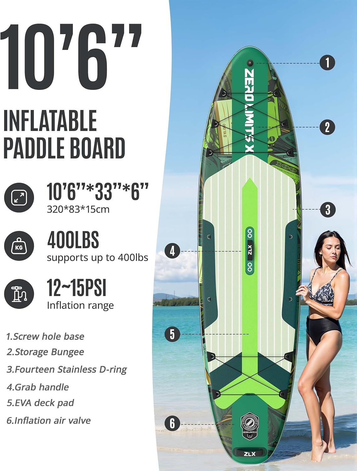 ZLX - Paddle gonflable 2 places 320x84cm, siège kayak, accessoires - ZLX