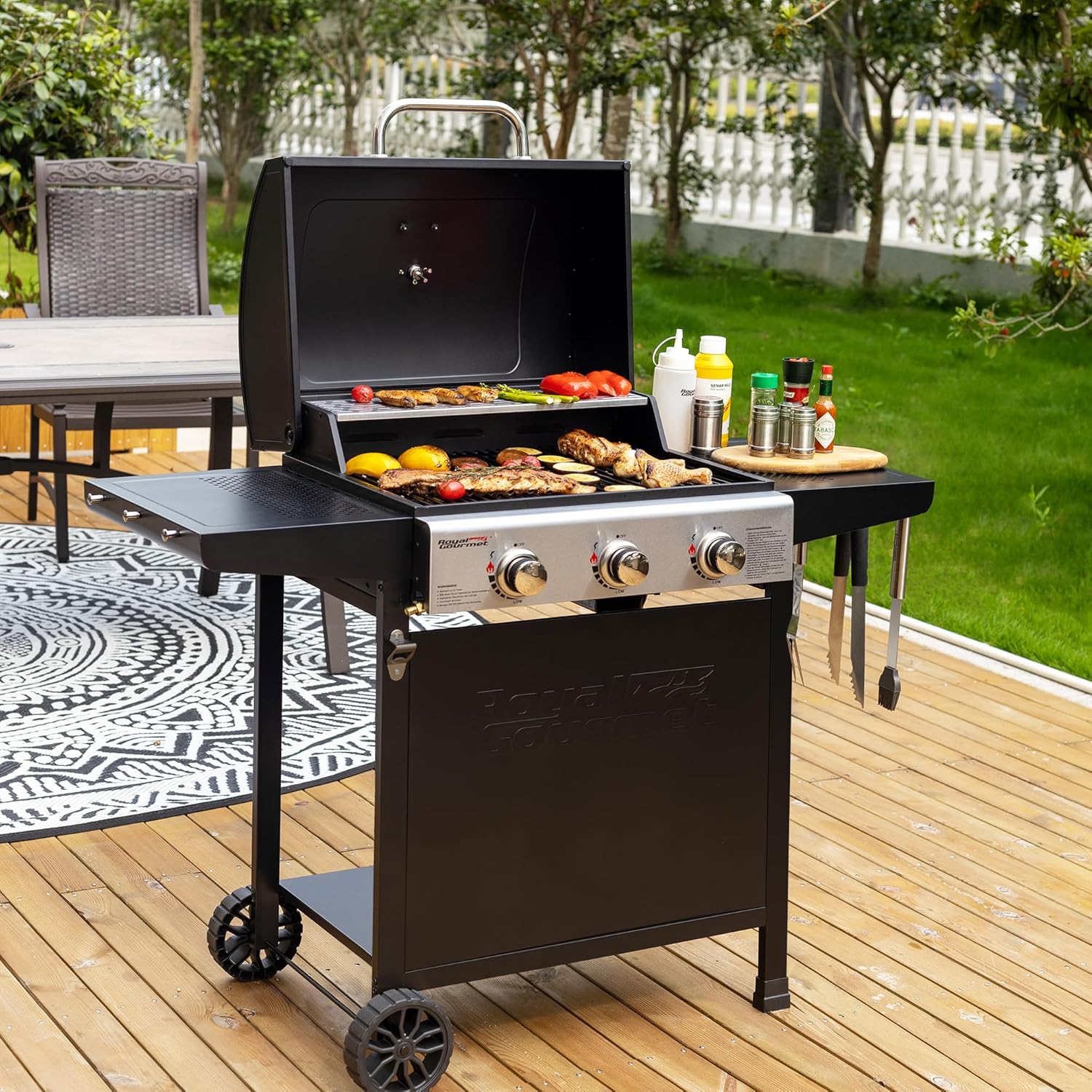jardinite – BBQ Gaz 3 brûleurs – 9kW – chariot, capot, grilles, jardin