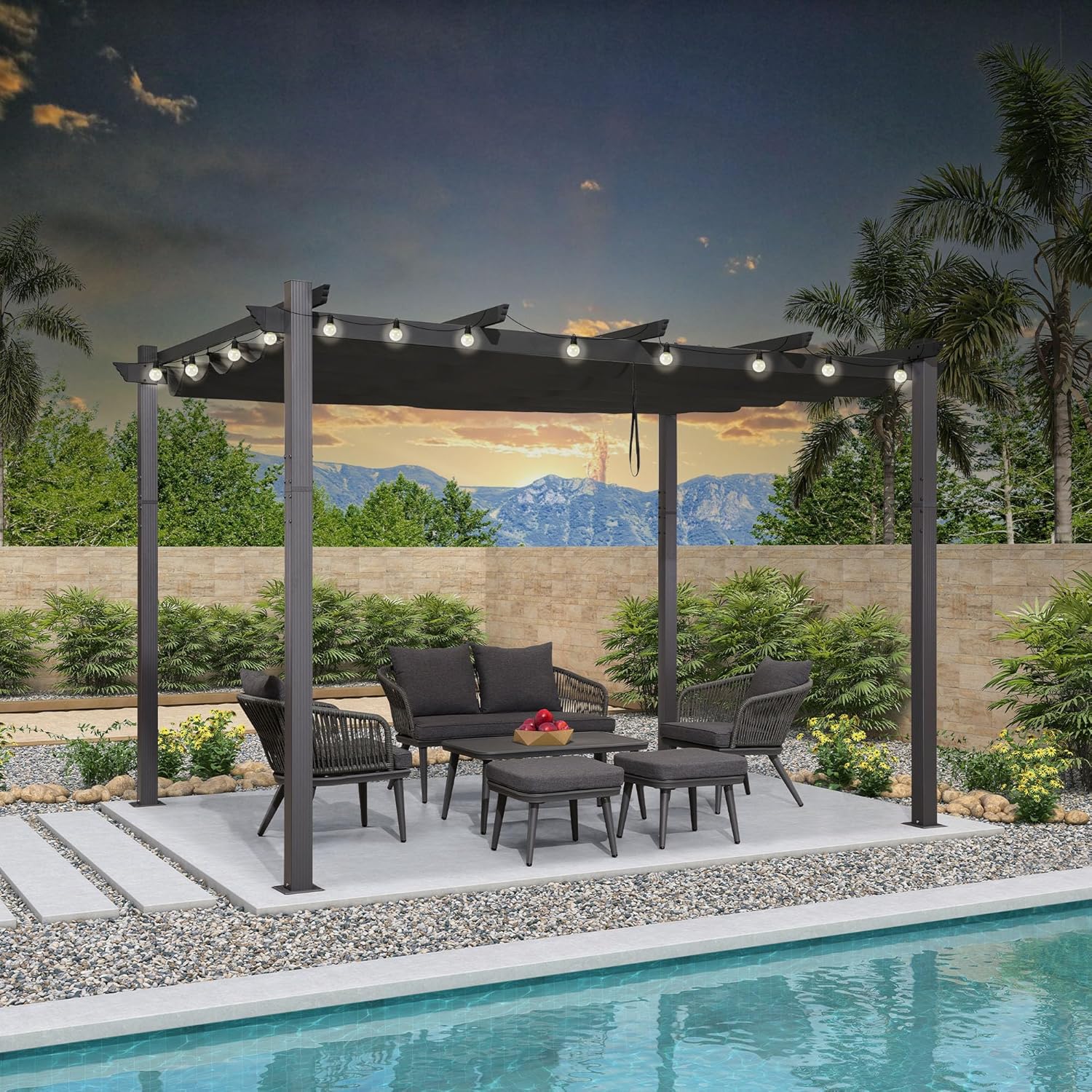 jardinite - pergola aluminium - 3,65x3m - toit rétractable LED, tissu gris