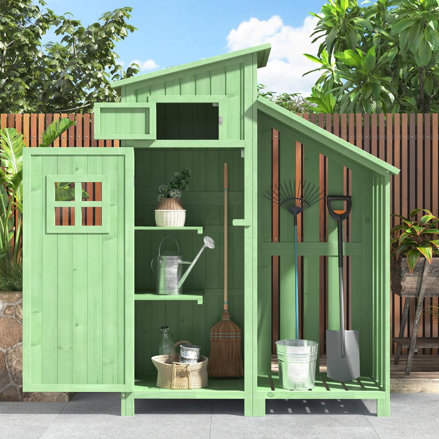 Abri de Jardin en Bois, Cabane de Jardin avec PVC à Structure en Forme de Selle, Coffre de Jardin avec Fondation et 2 étagères de Rangement, Armoire Outils de Jardinage, 124x46x174cm Vert