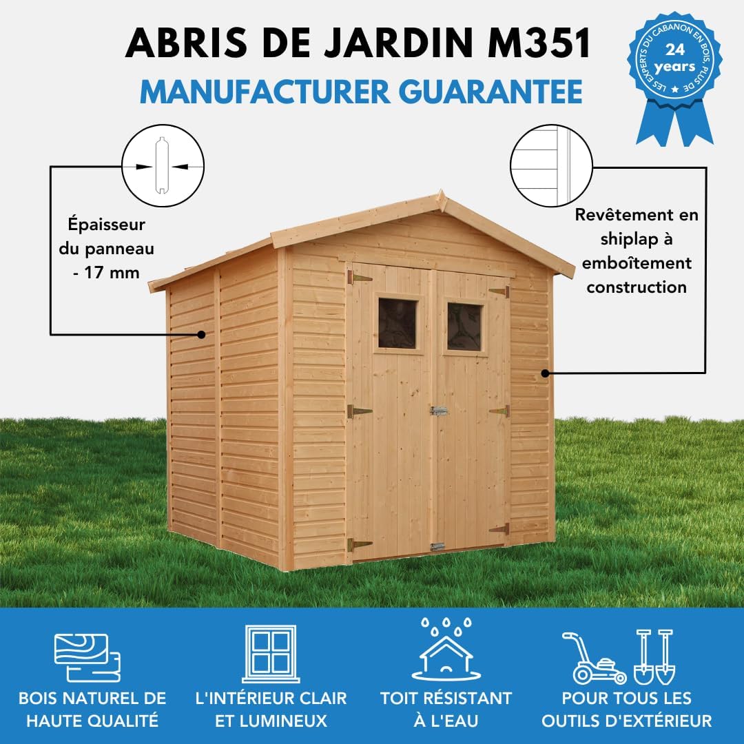 Abri de Jardin en Bois Naturel Plus Les PLANCHERS IMPRÉGNÉ - Stockage extérieur avec fenêtres H228x222x233 cm/4,2 m² Hangar en Bois Naturel - Atelier Rangement Outils et vélos- jardinite M351+M351G