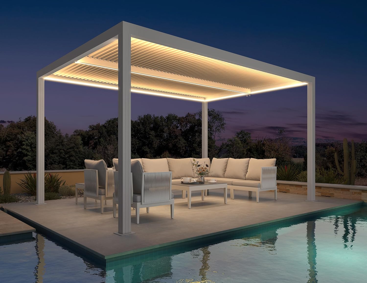 jardinite - Pergola bioclimatique 4,24x3m - alu, LED, gouttières, blanc