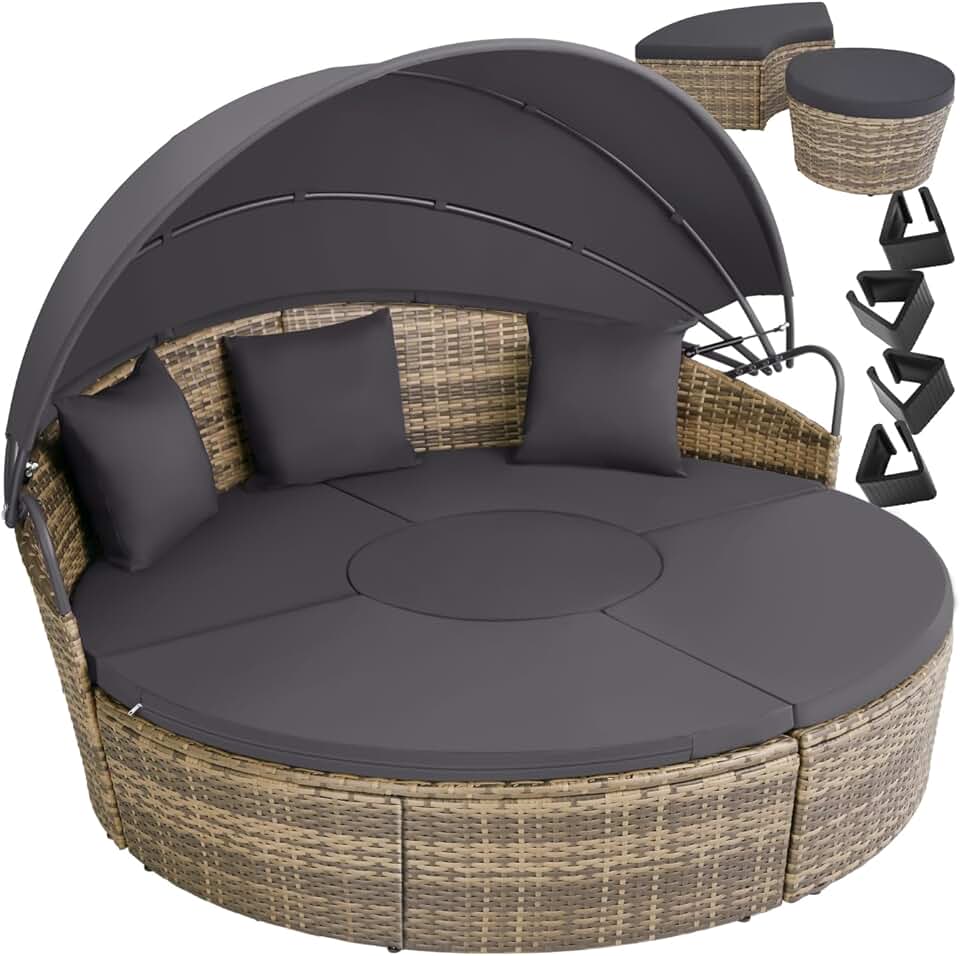 jardinite - Bain de soleil modulable avec pare-soleil, coussins inclus, résine tressée, relax extérieur