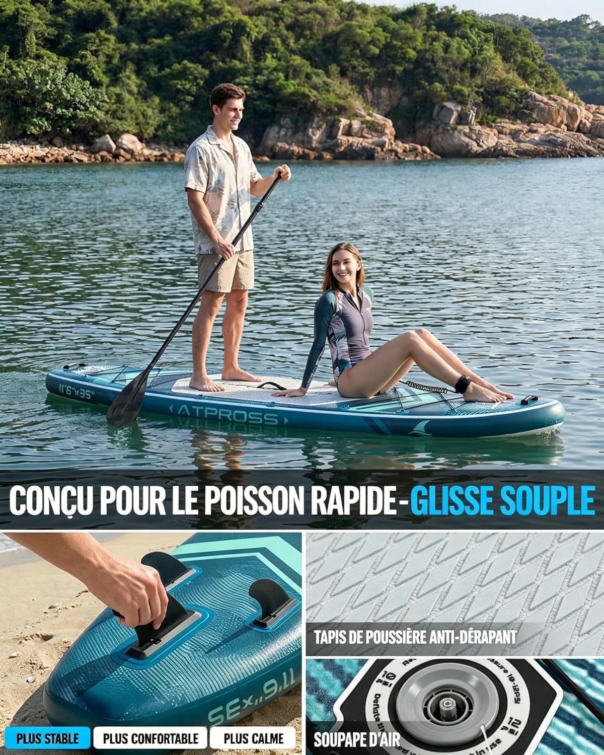 Planche à pagaie gonflable - extra large 350x89x15cm, 200kg, kit accessoires