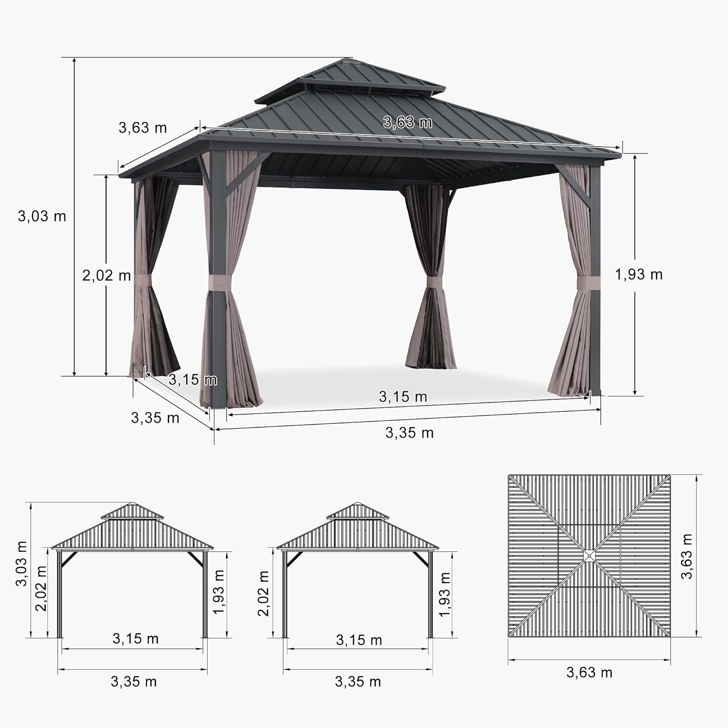 jardinite Tonnelle de Jardin Extérieur 3,65 x 3,65 m avec Guirlande Lumineuse, Pavillon Aluminium à Double Toit en Acier Galvanisé, Pergola Jardin Extérieur avec Rideaux pour Fête, Barbecue, Gris