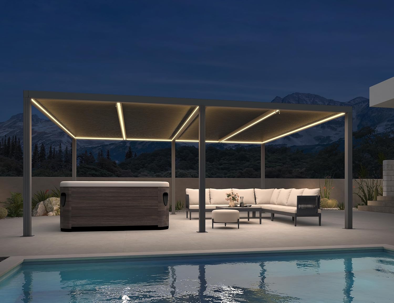 jardinite - Pergola bioclimatique - 6 x 3,68 m - alu, LED, gouttières, gris