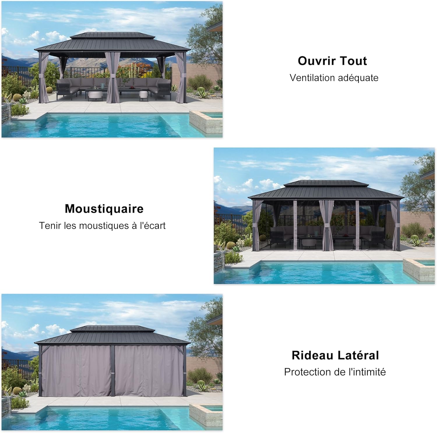 jardinite - Tonnelle double toit rigide, 6 x 3,65 m, moustiquaire, aluminium, gris