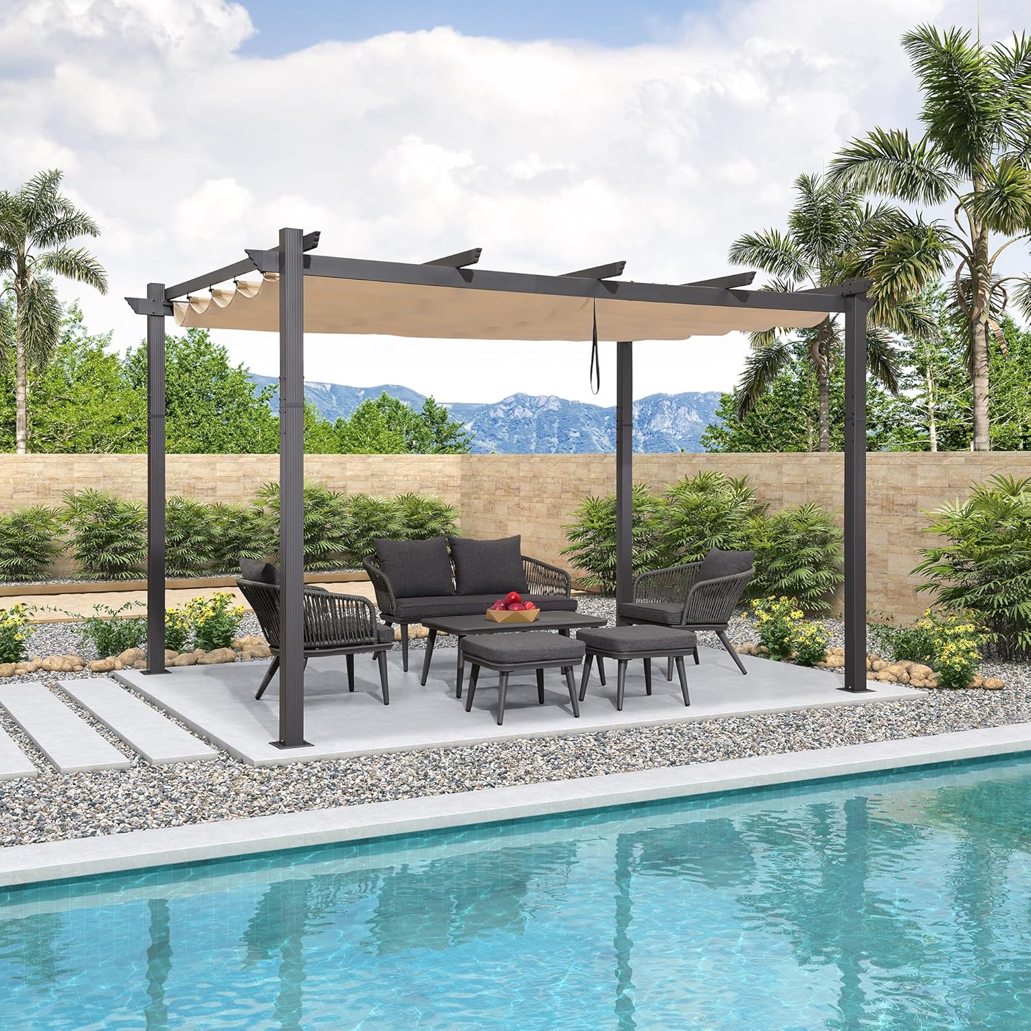 jardinite - Pergola Aluminium - 4x3m - Toit coulissant, tissu kaki