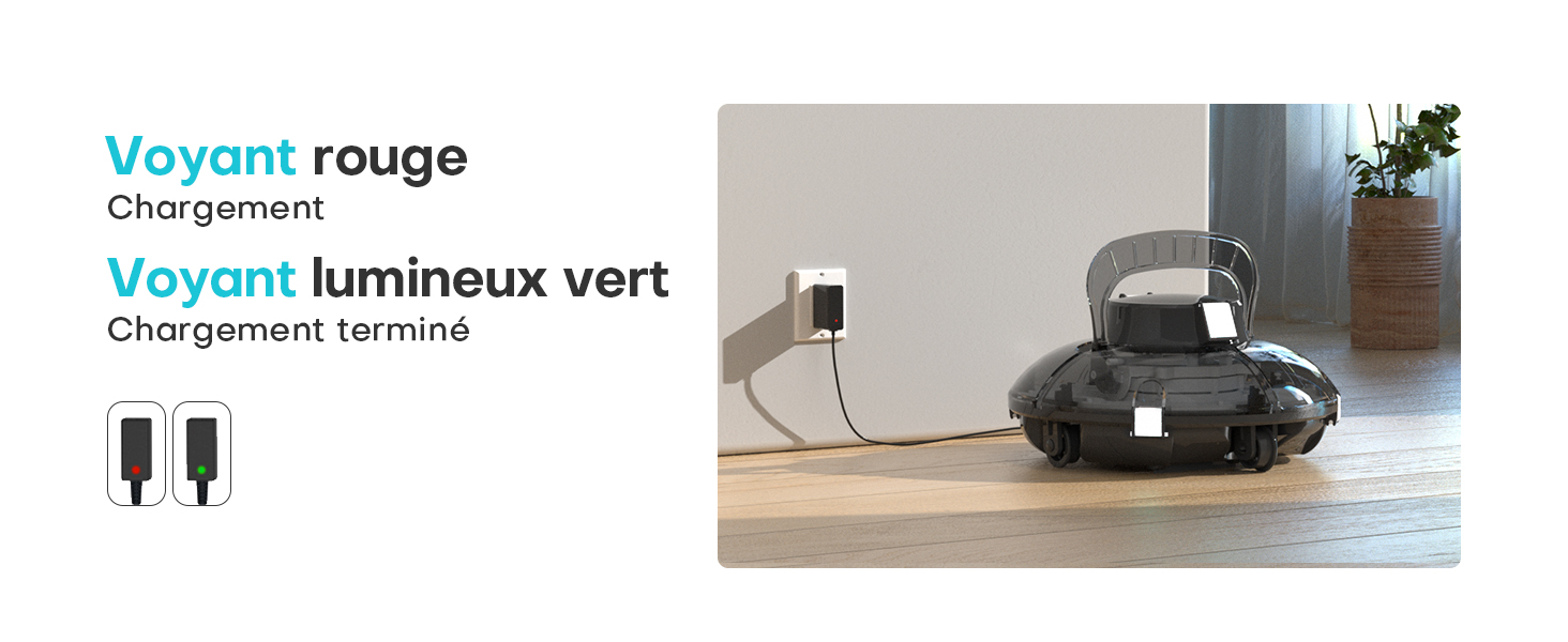 Appareil de recharge circulaire noir ou station d'accueil connecté à des câbles d'alimentation, illustré avec un texte en français superposé indiquant la fonctionnalité de charge