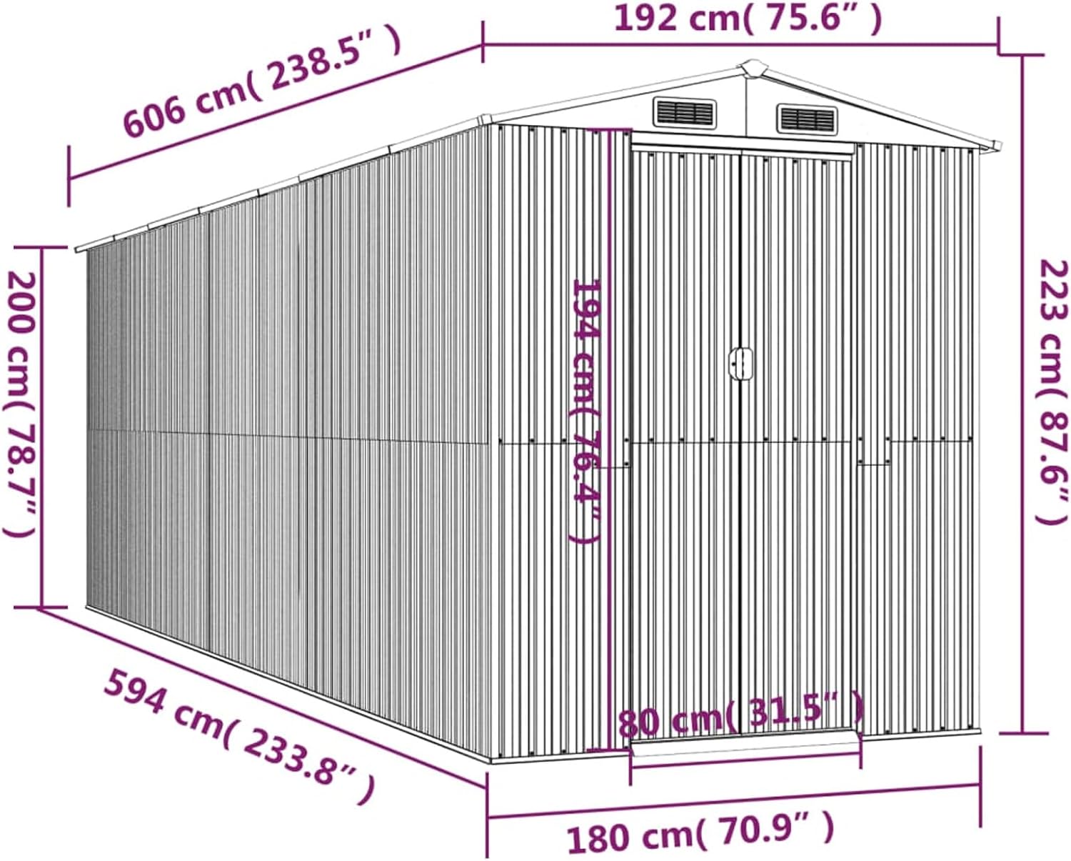 Abri de jardin extérieur en acier galvanisé vert 192 x 606 x 223 cm