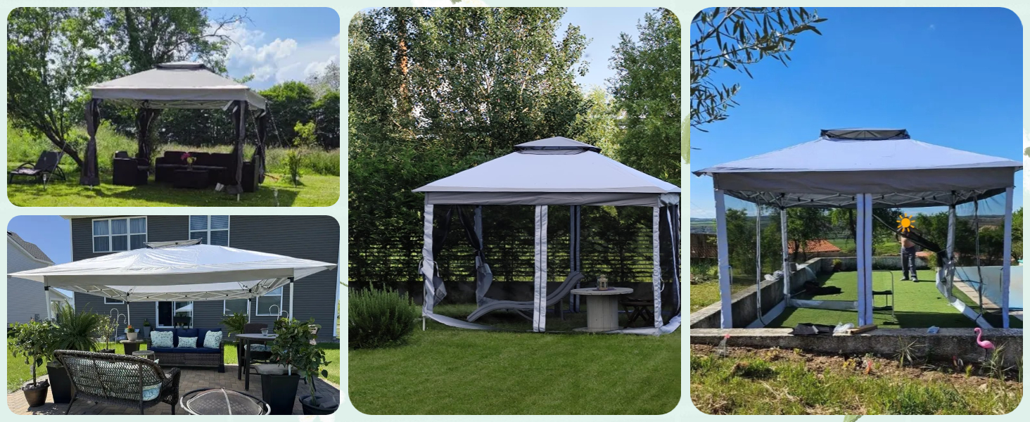 Collage d'une tente extérieure à baldaquin gris/blanc présentée sous différents angles dans un jardin, avec un cadre robuste et un dessus en tissu résistant aux intempéries.