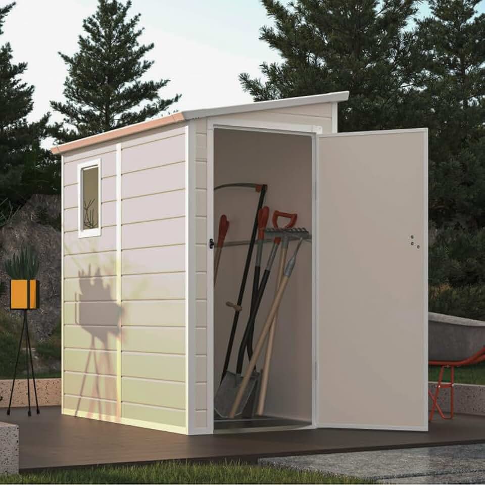 jardinite Abri de Jardin Adossé en Résine Beige 2,09m² | Rangement Extérieur avec Fenêtre et Aération | Kit de Fondation Inclus | Structure Acier Galvanisé